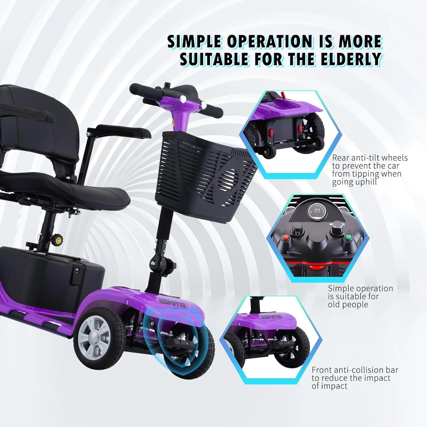 SKRT Mobility Scooter for Adults, Senior, skmc 4 Wheels Electric Powered Chargeable Device for Travel, Lightweight and Portable, with LED Headlights and Basket, Charger Included
