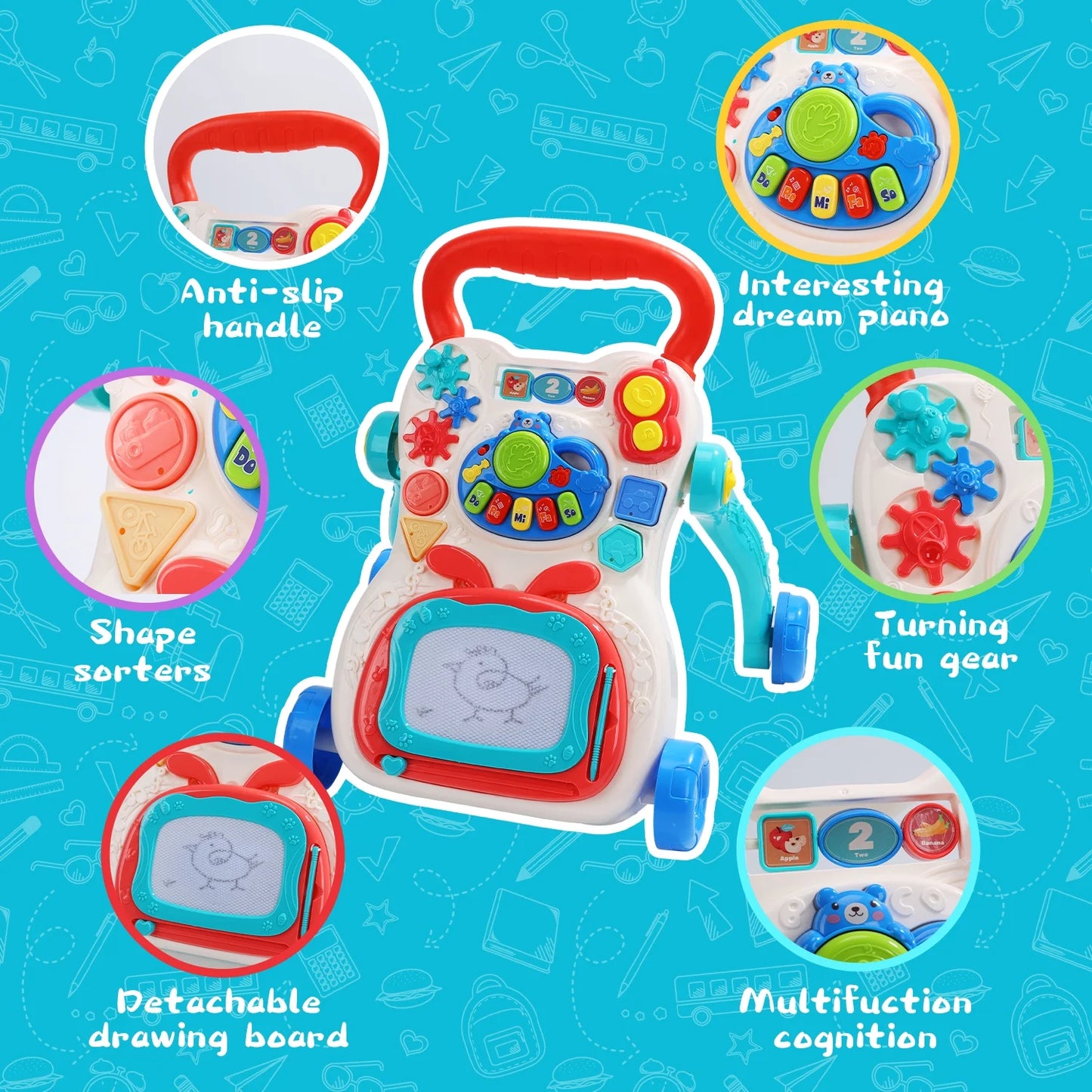 JoyStone 2 in 1 Baby Walker with Drawing Board, Sit to Stand Walker with Lights & Music, Gift for Kids
