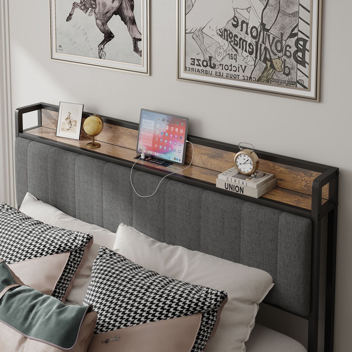 PAPROOS Full Bed Frame with Storage Headboard and Charging Station, Full Size Upholstered Platform Bed, No Box Spring Needed, Gray