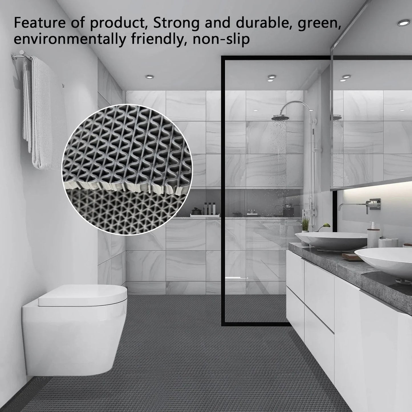 OVYEOFR 3 X 10 ft Non-Slip Hollow Mesh Drainage Mat , PVC Floor Mat for Bathroom Kitchen Restaurant Garage Hotel Winter Wet Area, Grey