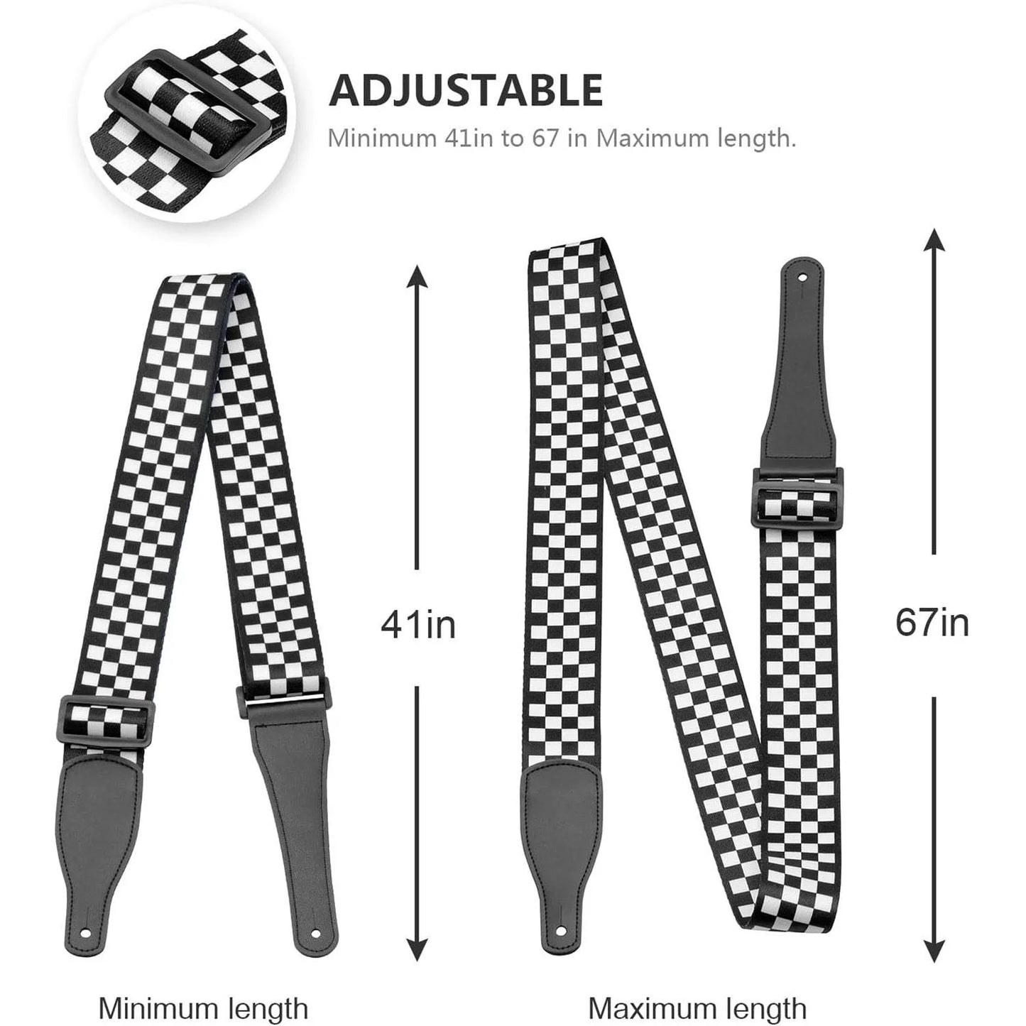 Bass Guitar Strap, Guitar Strap, Electric and Acoustic Guitar Straps - Durable Nylon Checkered Guitar Shoulder Strap with Leather Ends (Black and White Checkered)