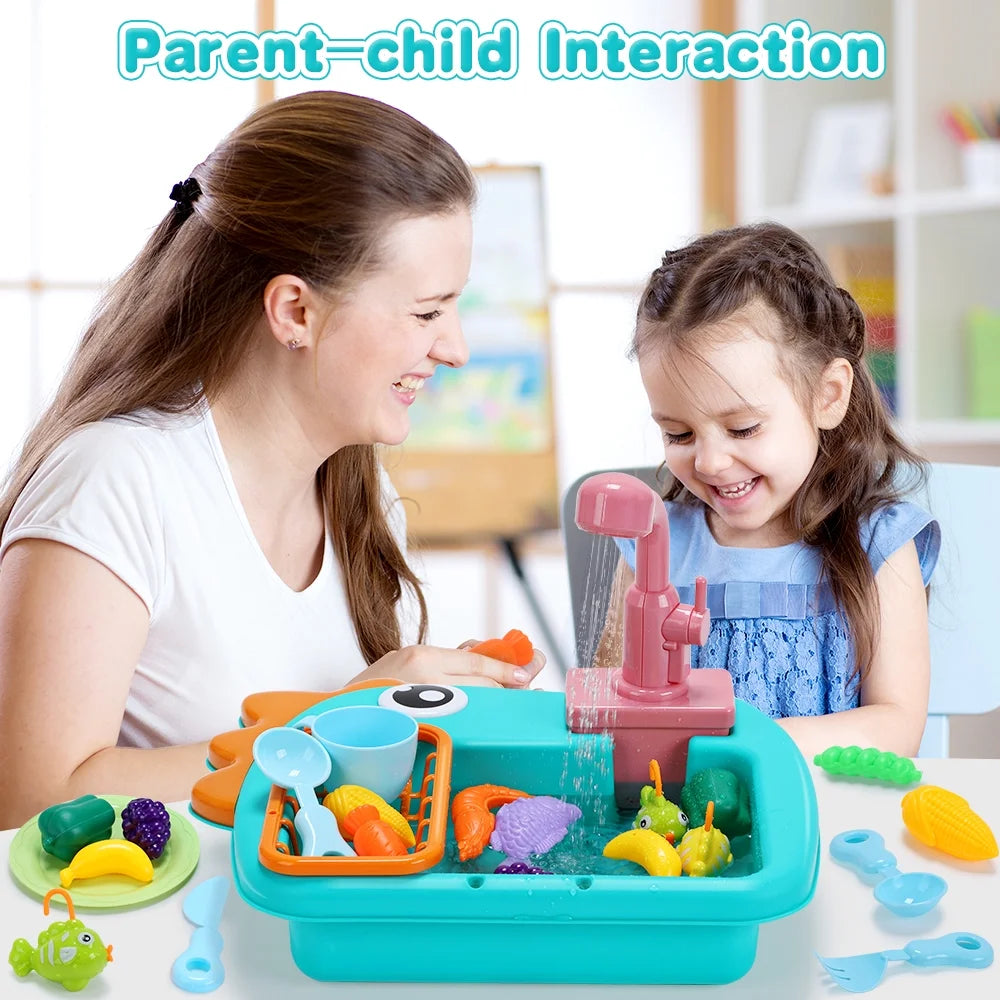 JoyStone Kitchen Play Sink Toys, Dinosaur Electronic Dishwasher Sink with Running Water, Fishing Game Toys and Play Food for Kids, Green