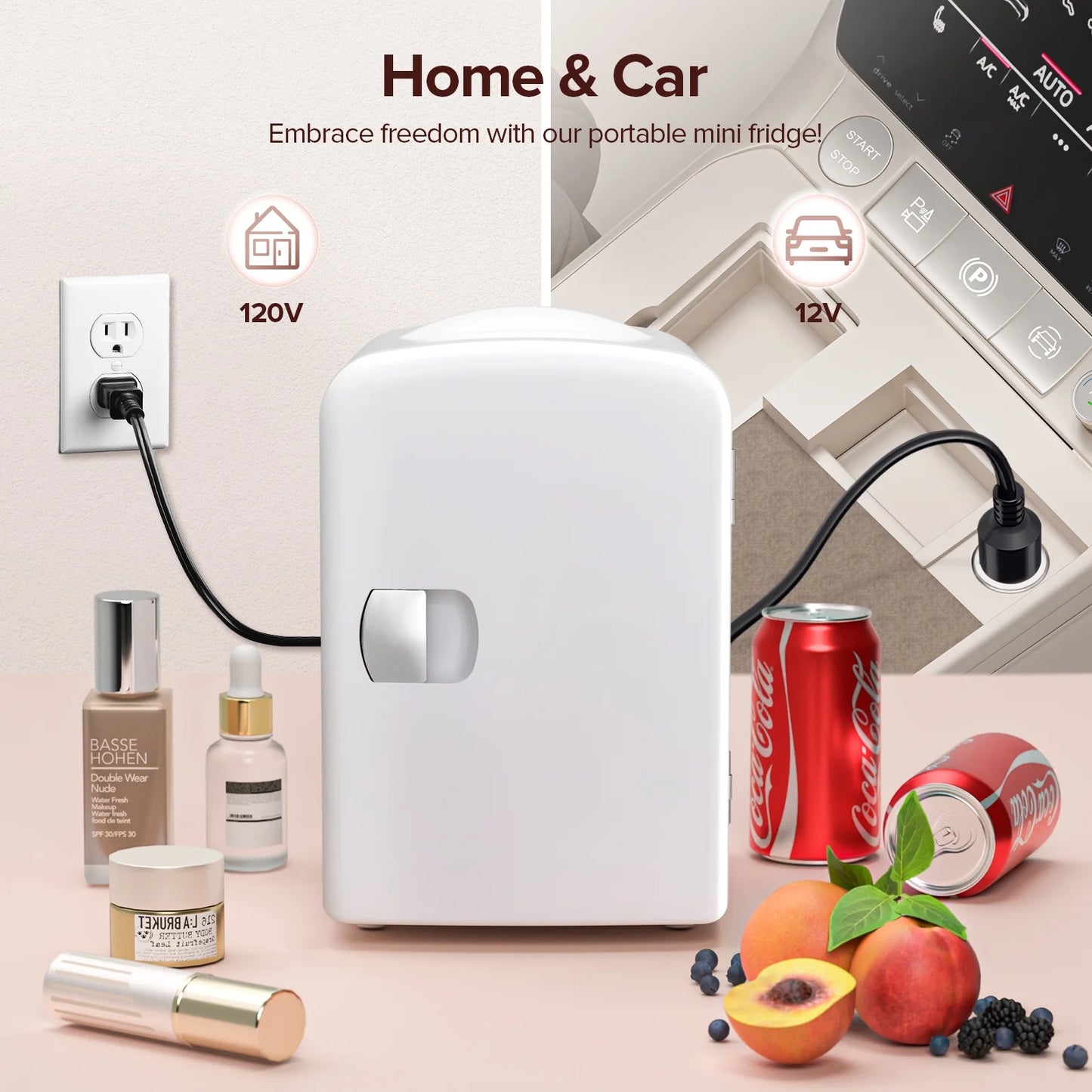 Auseo Mini Refrigerator and Personal Beauty Fridge, Freon-Free & Eco Friendly, Includes Plugs for Home Outlet & DC Charger, 4 Liter, White