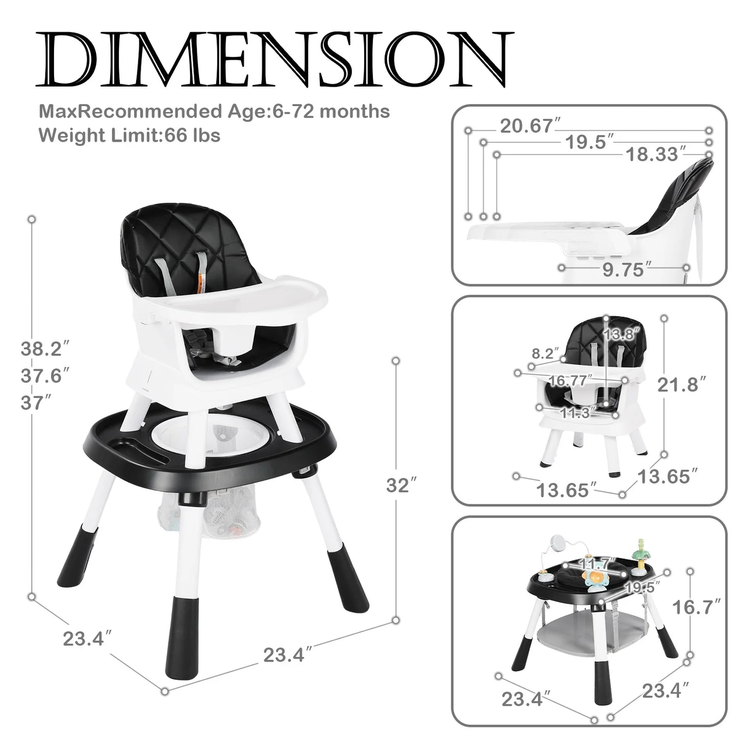 LINLUX 15 in 1 Baby High Chair, Toddler Booster Seat for Eat, Infant Dining Chair w/Stool, Black
