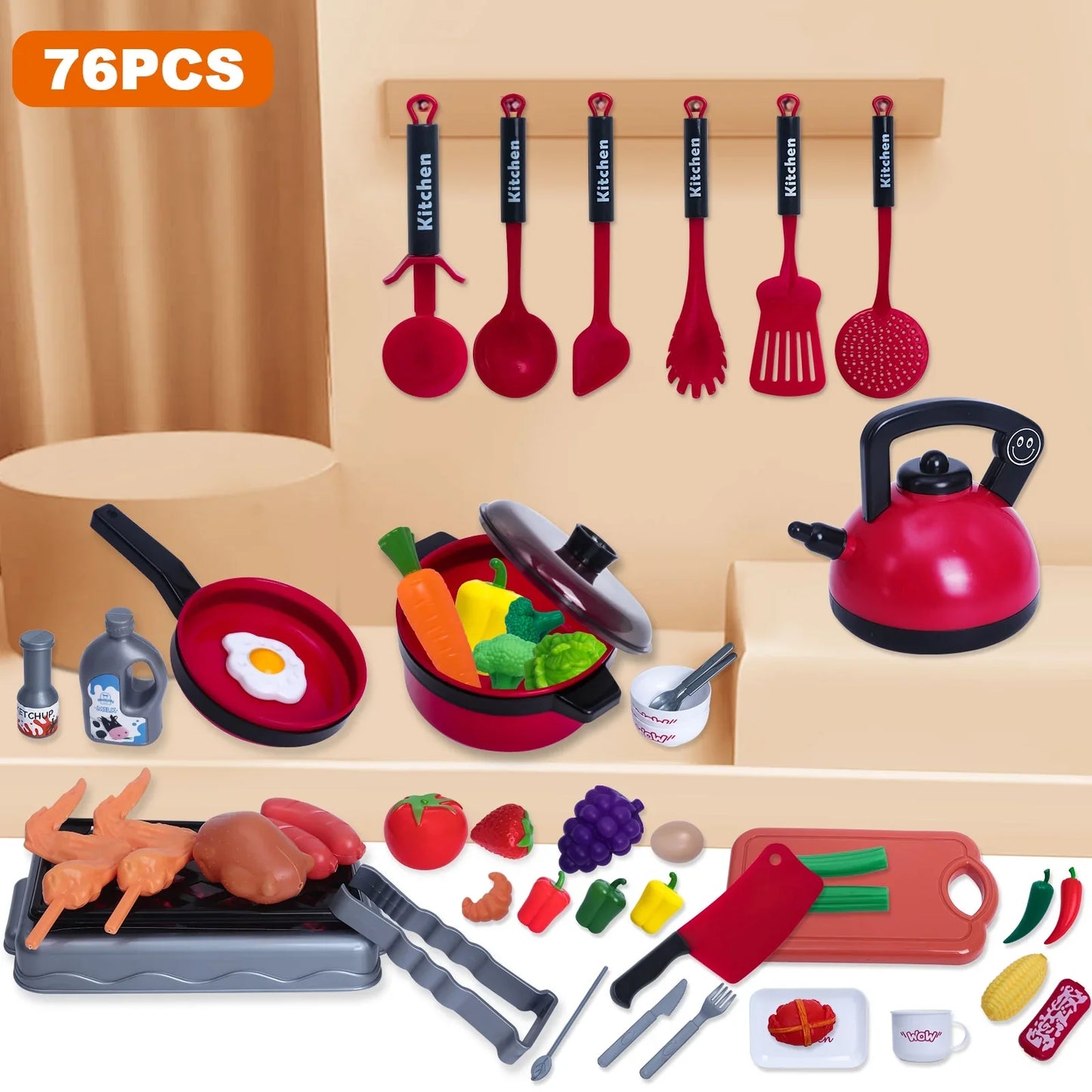 BEEPRINCESS 76Pcs Play Kitchen Accessories, Kids Kitchen Pretend Play Toys with Play Pots and Pans, Utensils Cookware Toys, Play Food Set, Toy Vegetables, Pretend Cooking Playset for Toddler Age 3+
