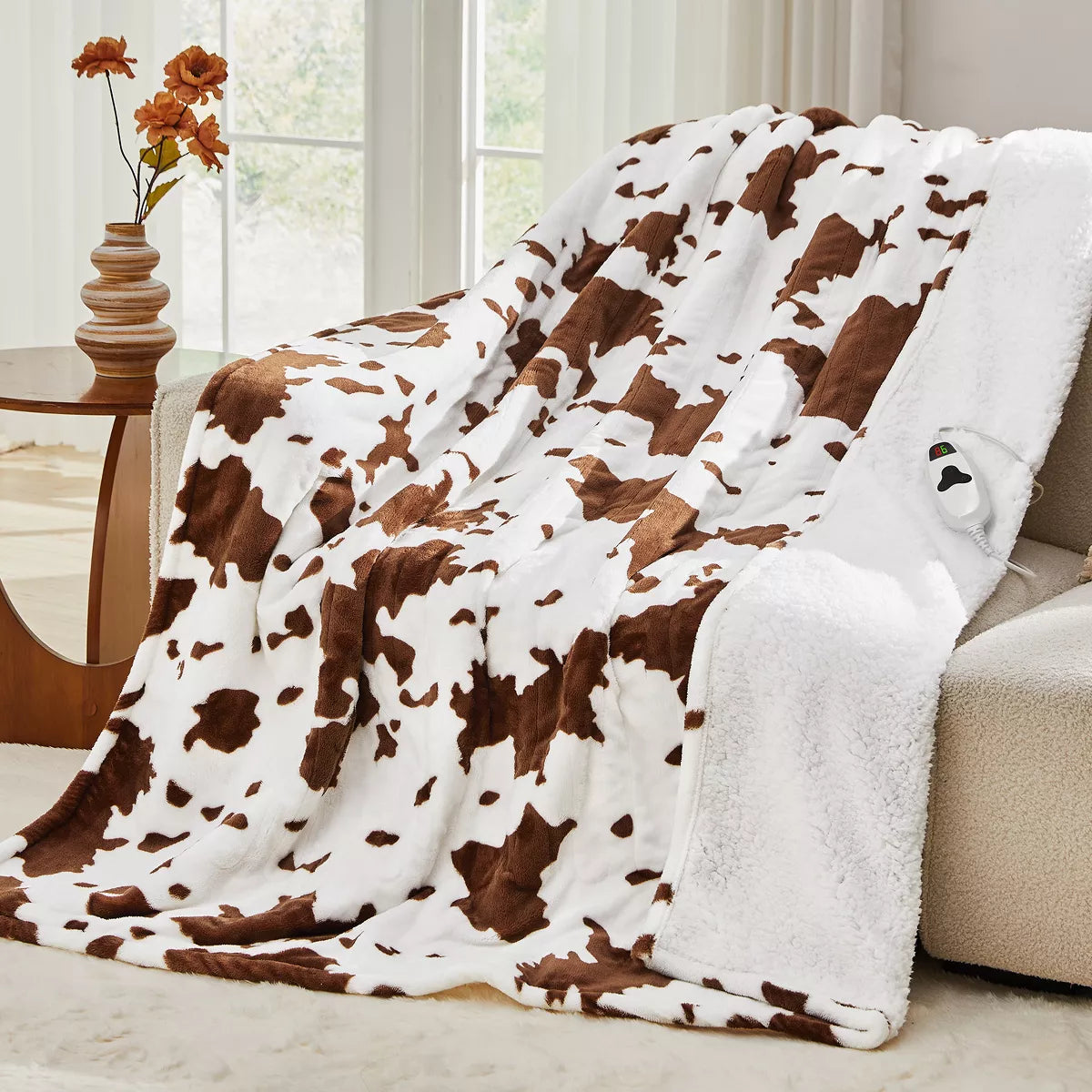 Inhand Heated Blanket Electric Throw - 50"x60" Cow Print Flannel Heating Blanket Throw Auto-Off 10 Heat Level Over-Heat Protection