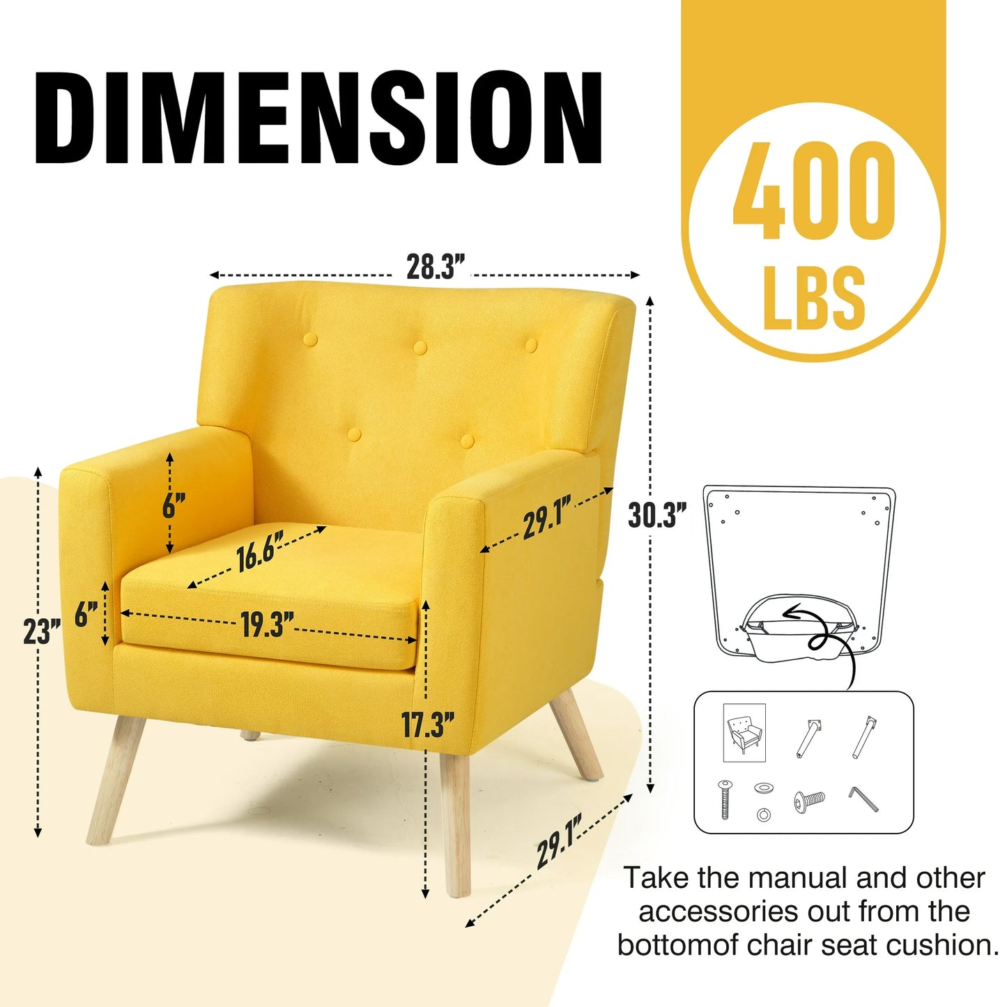 TrumanPick Accent Chair, Modern Upholstered Comfy Sofa Chairs, Fabric Mid-Century Armchair Button Tufted Lounge Chair for Living Room, Bedroom, Yellow