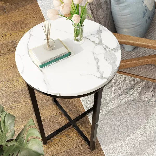 Hooseng Faux Marble Round Side Table Set of 2, 16 Inch Living Room End Table Accent Table Nightstand with Metal Frame for Bedroom, Small Spaces
