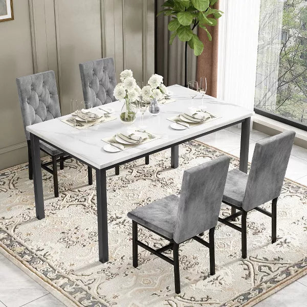 Hooseng 5-Piece Dininng Room Table Set with 4 Uphosltered Dining Chairs, Faux Marble Table Top and Metal Frame Space-Saving Dining Table Set for 4