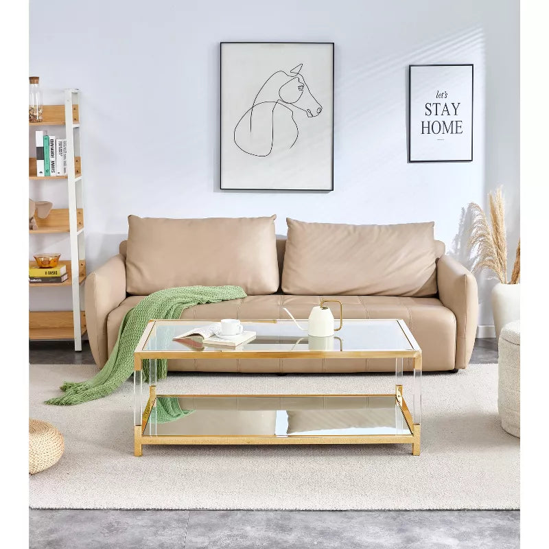Dolonm Gold Glass Coffee Table - Modern Acrylic Leg, Mirror Bottom, Tempered Glass Top 47.2" for Living Room, Luxury Stainless Steel Frame