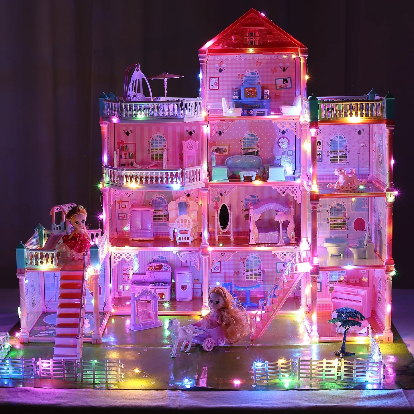 JoyStone 11 Rooms Huge Dollhouse with Play Mat, 2 Dolls and Colorful Light, 31" x 28" x 27" w/Furniture Doll House Gift for Girls