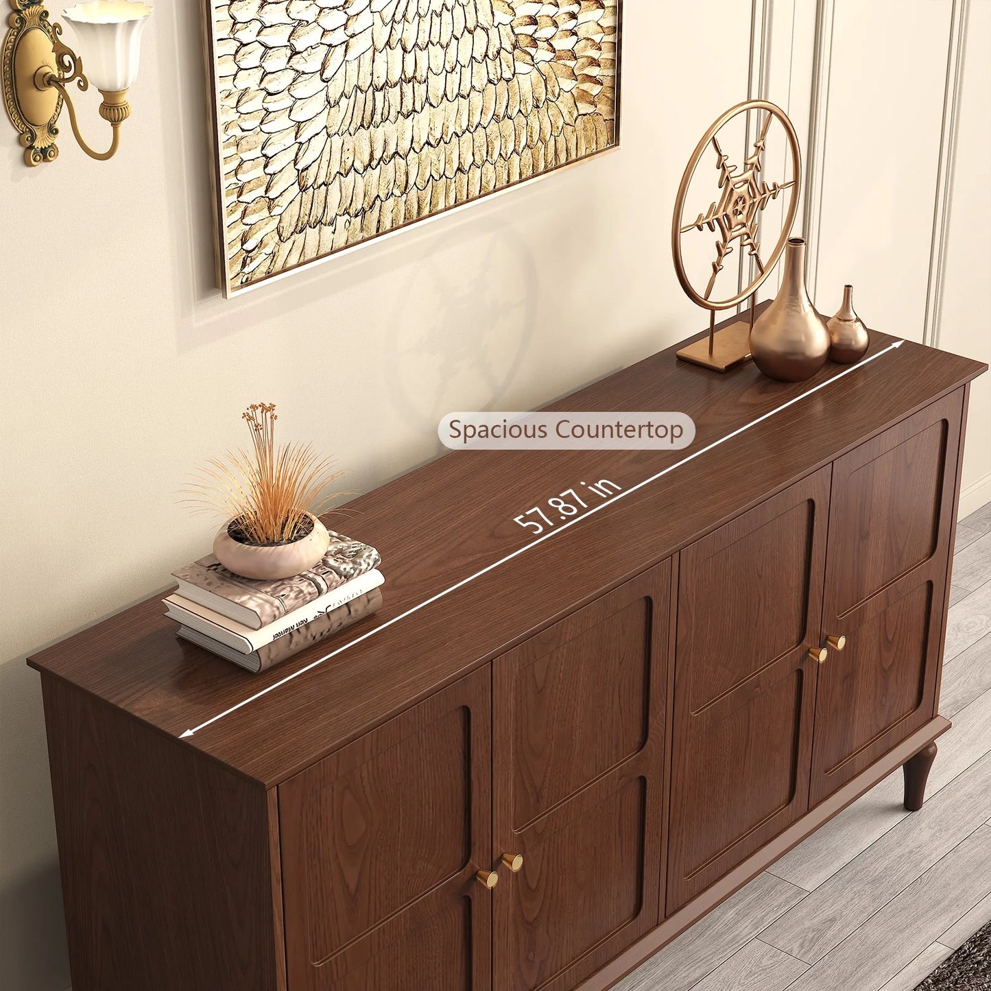 CBJCBJ Mid Century 58'' Wood 4 Door Sideboard Buffet Cabinet for Living Dining & Bedroom (Brown)