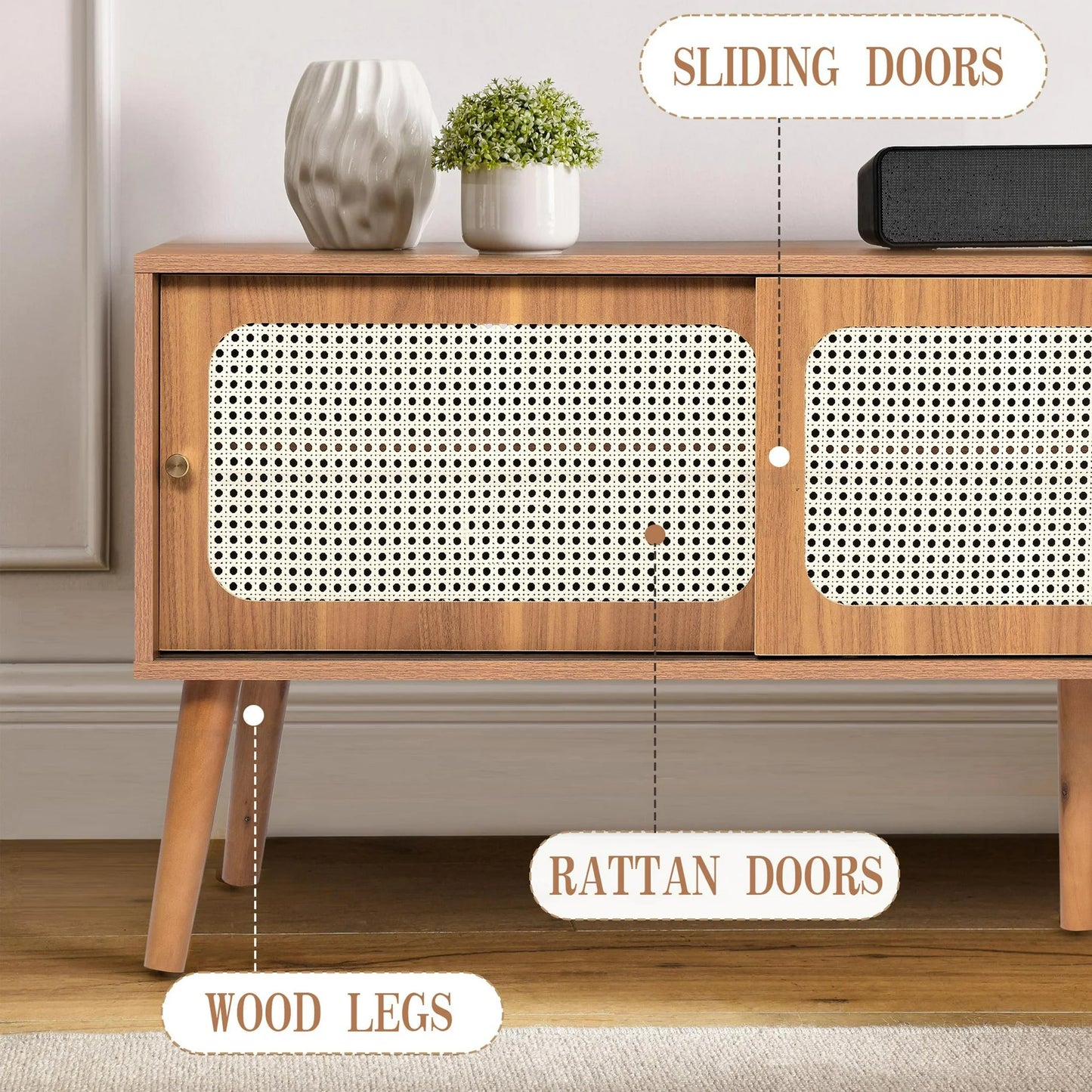 SESSLIFE Rattan TV Stand with Shelves & 2 Drawers, Rattan-inspired Media Console Table for TVs up to 70'',Entertainment Center, TV cabinet for Living room, Bedroom, Brown