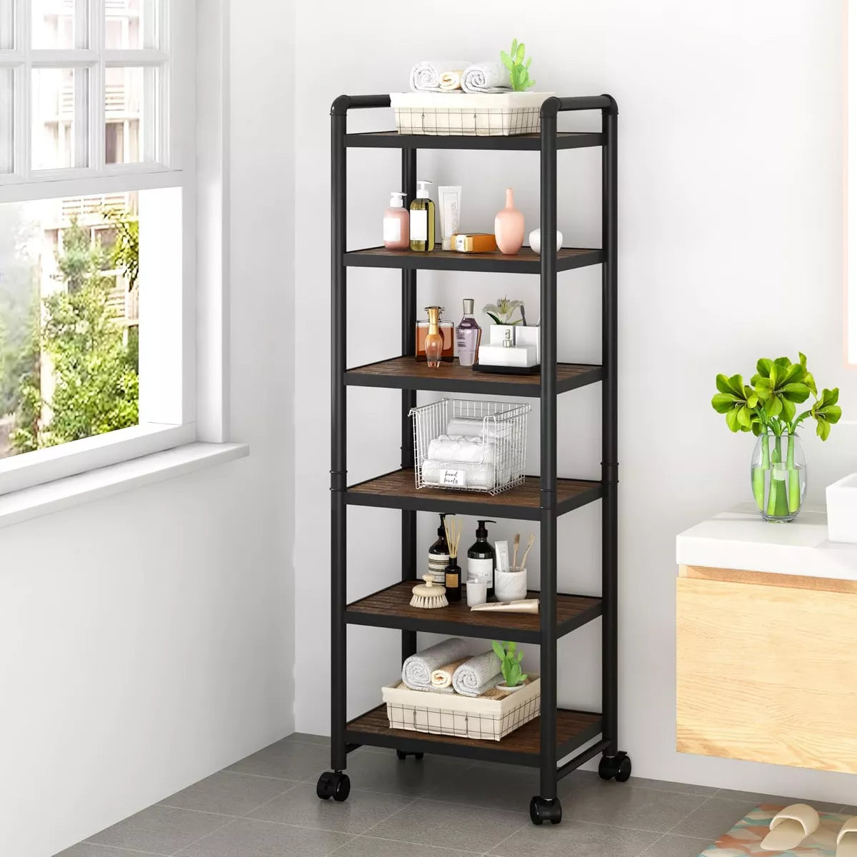Hooseng 6-Tier Wood Rolling Storage Shelves, Adjustable Tall Bathroom & Kitchen Organizer with Wheels for Office, Laundry Room