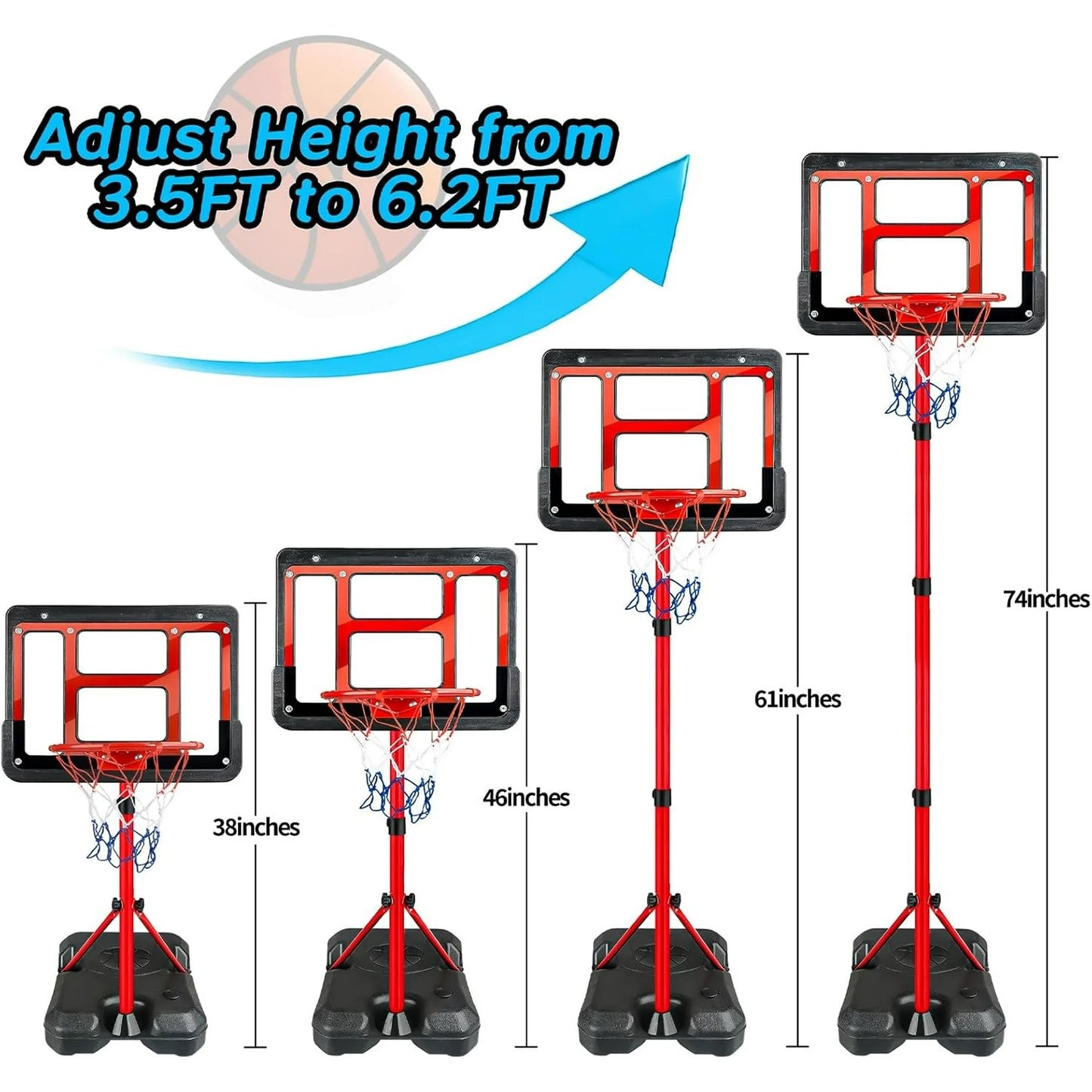 JoyStone Kids Basketball Hoop with Stand, Adjustable Height 3.5FT-6.2FT Toddler Basketball Goal Indoor Outdoor Sport Game Gifts for Boys