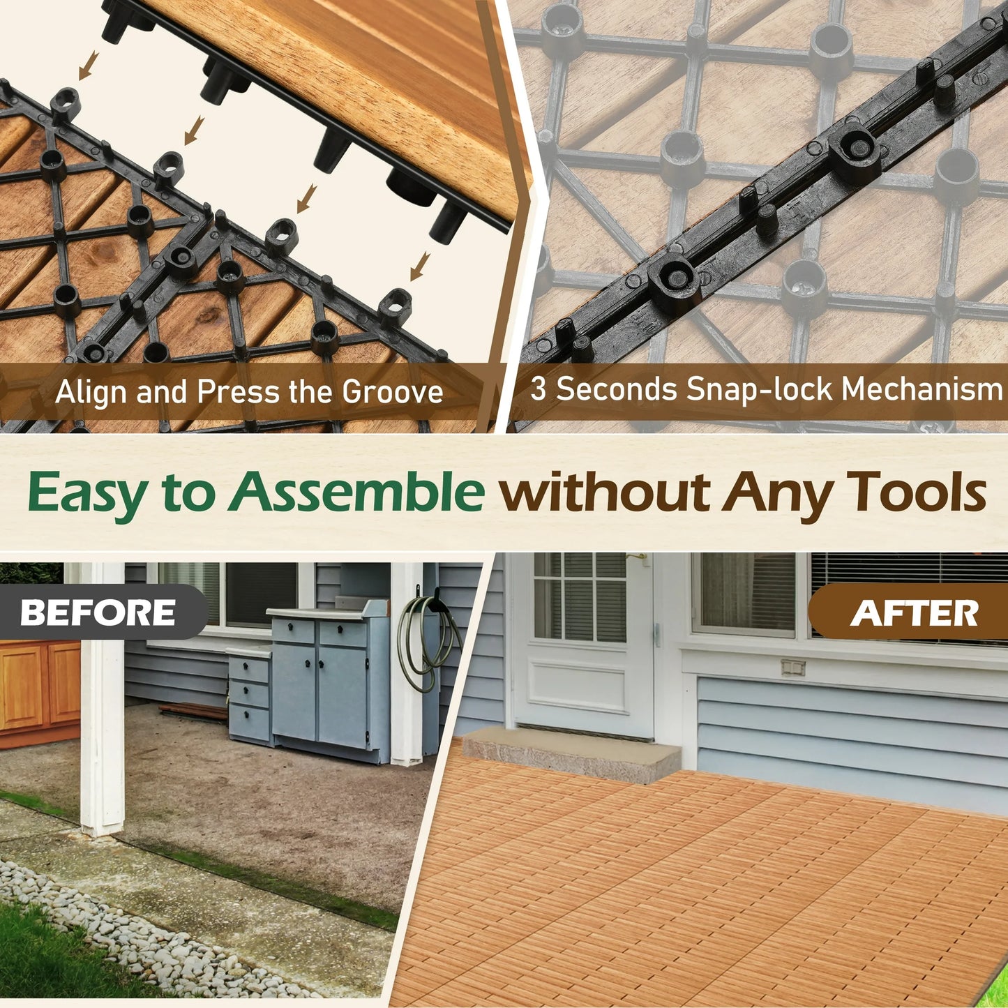 TrumanPick 12 PCS Deck Tiles Outdoor Waterproof Flooring Tiles for Backyard Garden Poolside, All Weather Use, Natural Wood- 24"L x 12"W