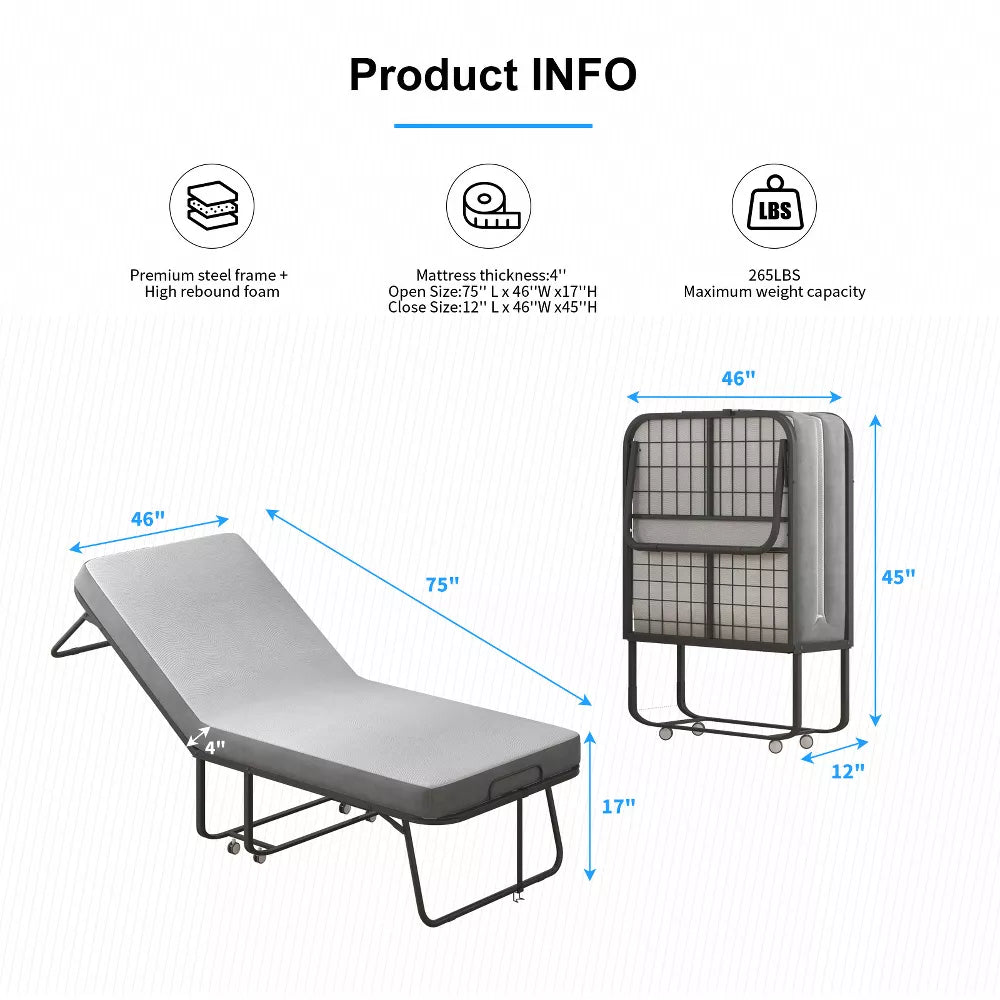Mjkone Folding Bed with Mattress,Portable Guest Bed Camping Cot,Soft Padded Rollaway Sleeping Bed