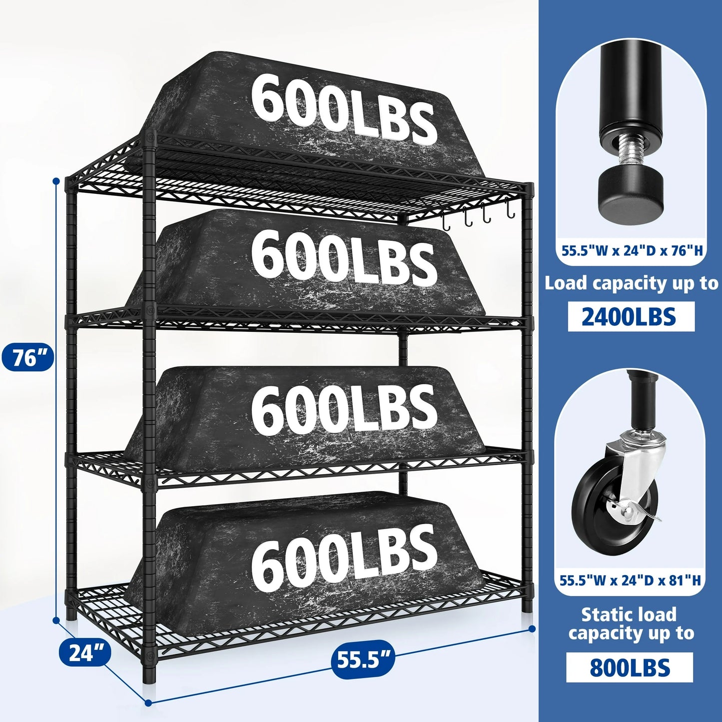 TrumanPick 4-Tier Movable Storage Rack, 55.5''W x 24''D x 76''H Heavy Duty Adjustable Wire Shelving Rack for Garage 2400 lbs Capacity, Black