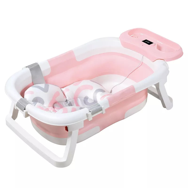 BabyBond Collapsible Baby Bathtub for Infant to Toddler, Portable Baby Bath Tub with Soft Cushion & Thermometer, Pink