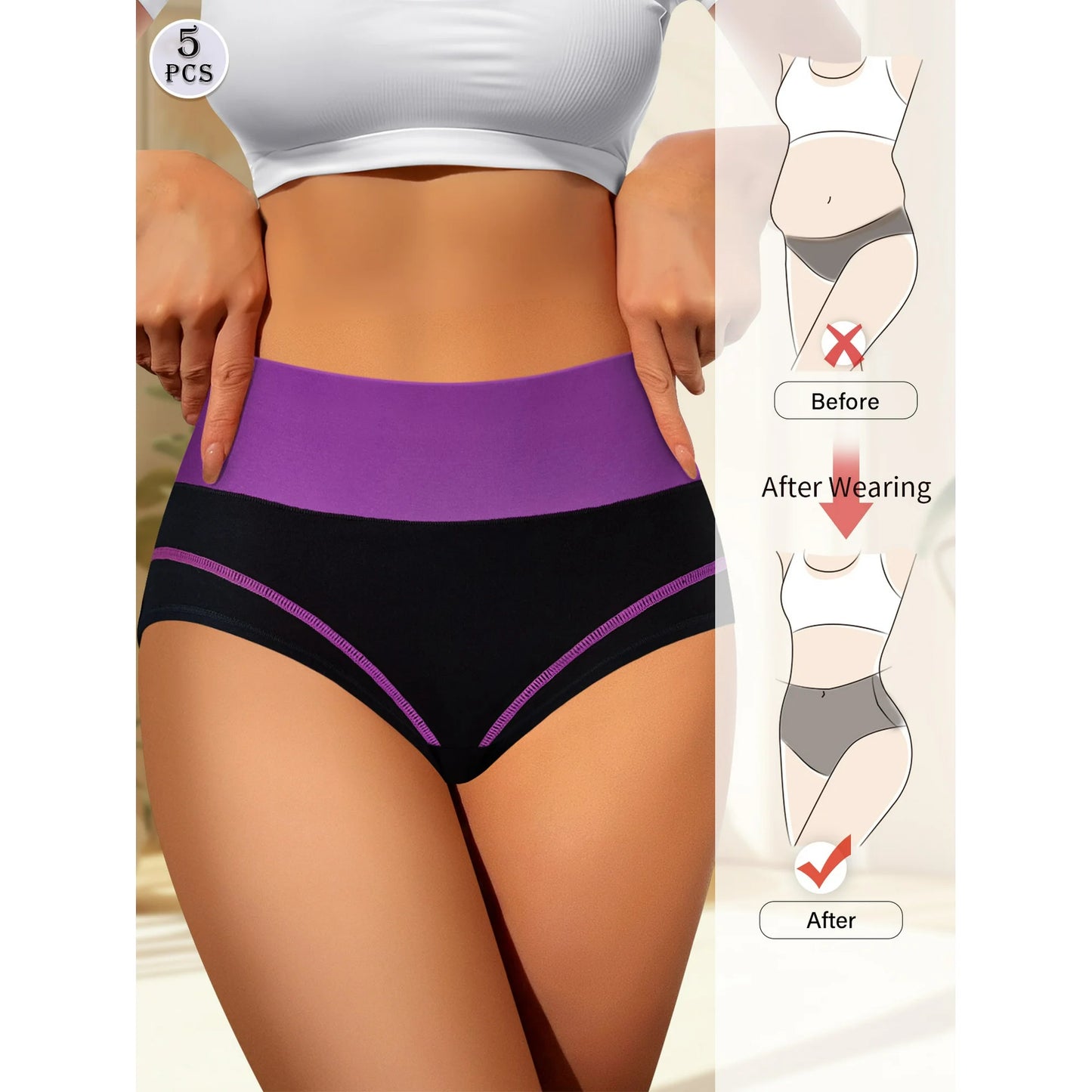 MEIYATING Women's High Waisted Cotton Underwear Tummy Control Panties Comfort Postpartum Full Coverage 5 Pack Briefs