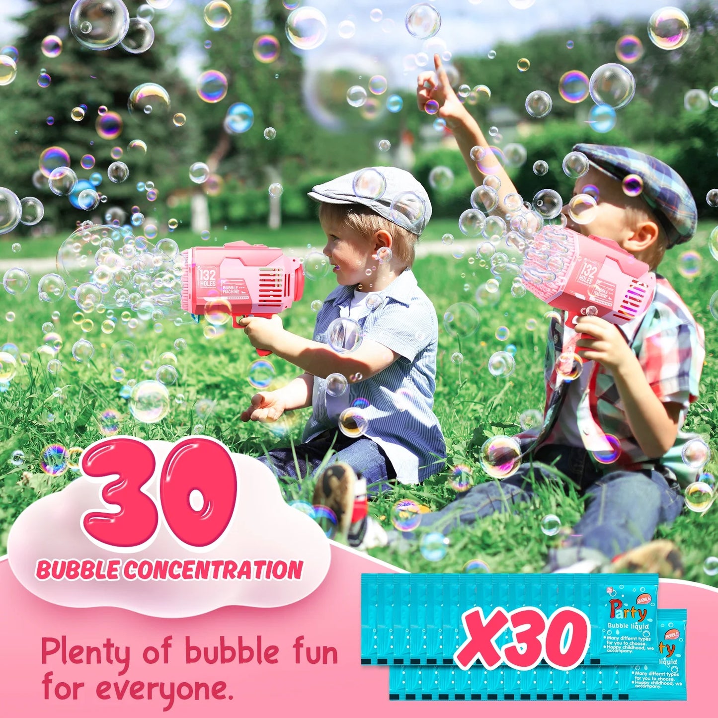 JoyStone Bubble Machine, 132 Holes Automatic Bubble Gun Toys with Colorful Lights and 30 Packs Refill Solution for Kids, Pink