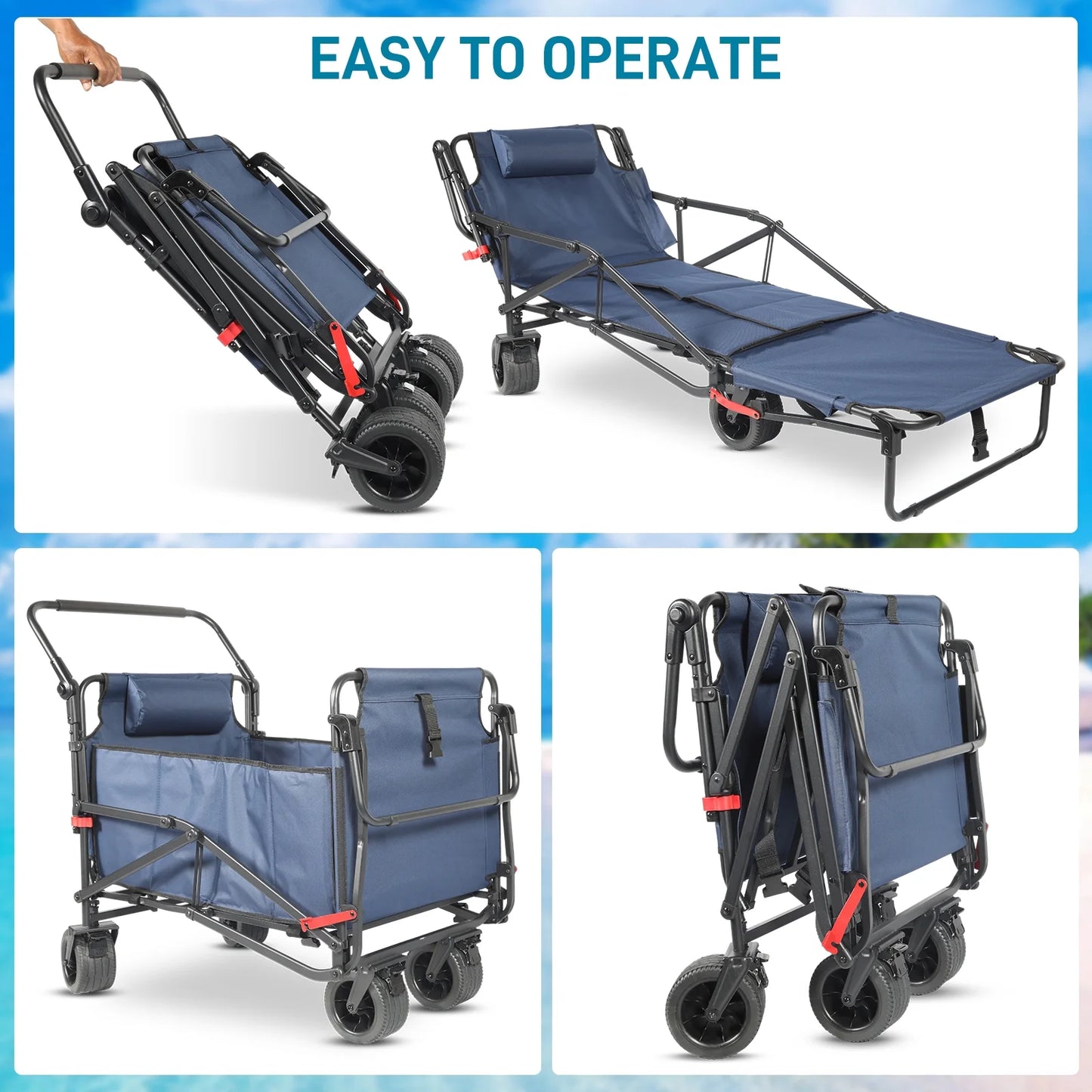 QEASET 2 in 1 Beach Cart Chairs with Wheels,4 Wheels Folding Beach Chair,Foldable Tanning Chair Beach Lounge Chair for Outdoor, Beach, Pool, Sunbathing