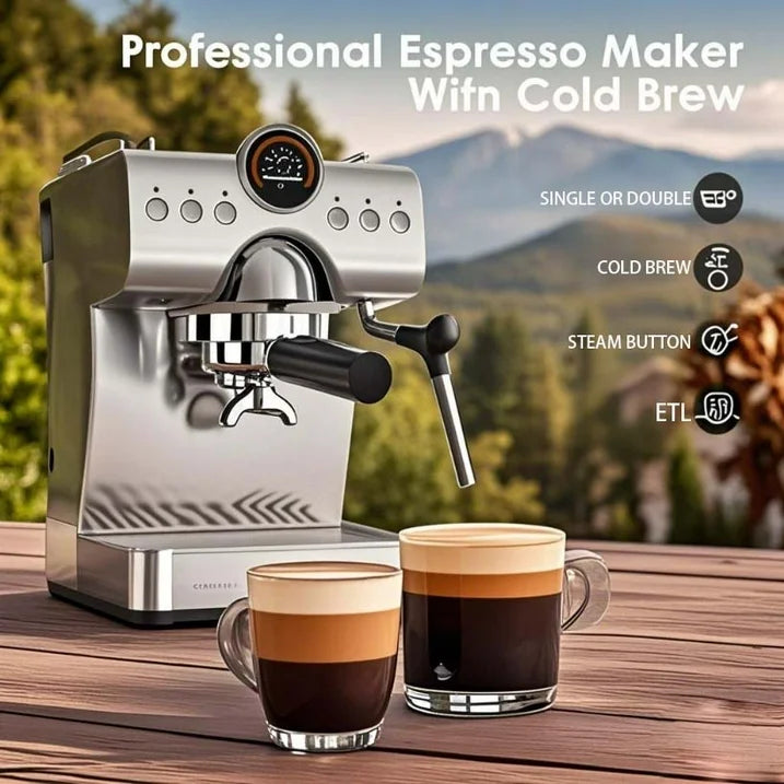 Auseo Pro Espresso Machine with Cold Brew & Milk Frother, 20-Bar Pressure Coffee Maker, Smart LED Display & Compact Stainless Steel Design for Lattes/Cappuccinos