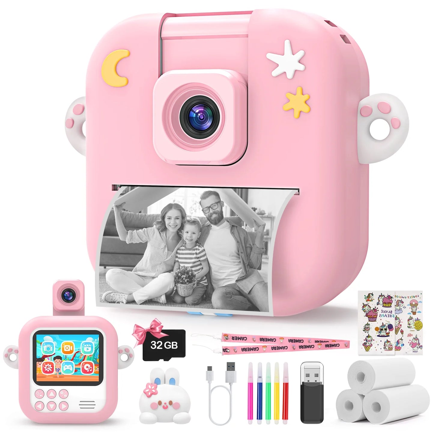 JoyStone Kids Camera Instant Print, Kids Digital Camera with Printing Paper and 32G TF Card, Gift for Girls and Boys Aged 3-12, Pink