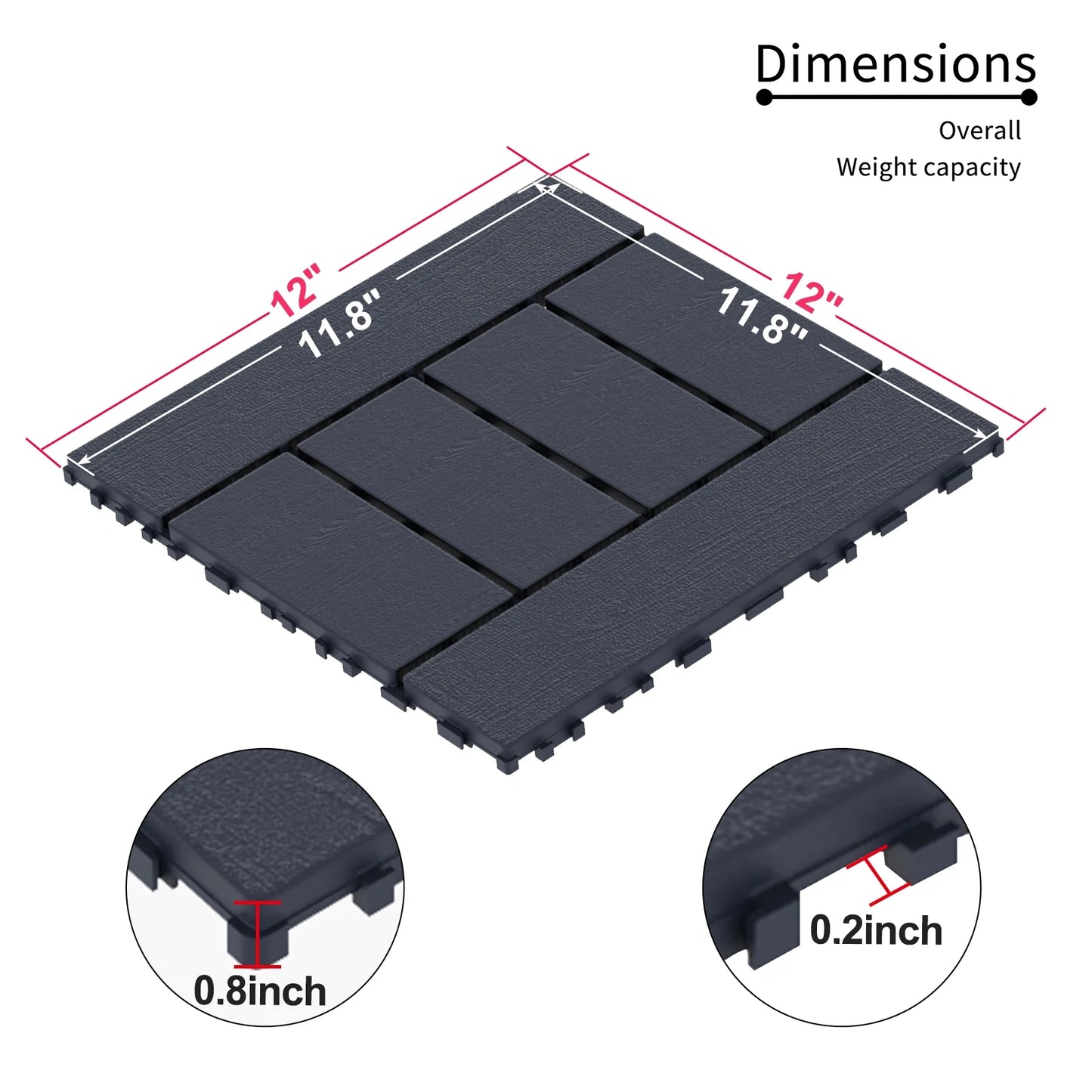 TrumanPick 44 PCS Plastic Deck Tiles Outdoor Interlocking Patio Tiles Waterproof for Backyard Porch, 12"W x 12"L, Dark Gray