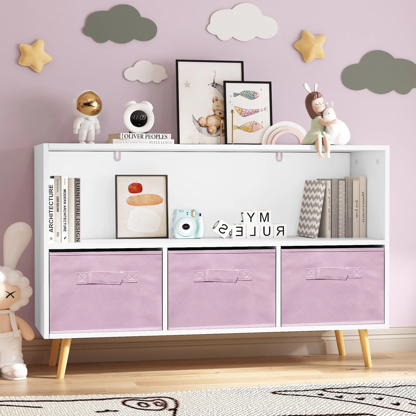 PORKISS Kids Bookshelf, Wood Bookshelf for Kids with Collapsible Fabric Drawers, Freestanding Kids Bookcase, Modern Toy Storage Organizer for Children's Room, Living Room, White/Pink