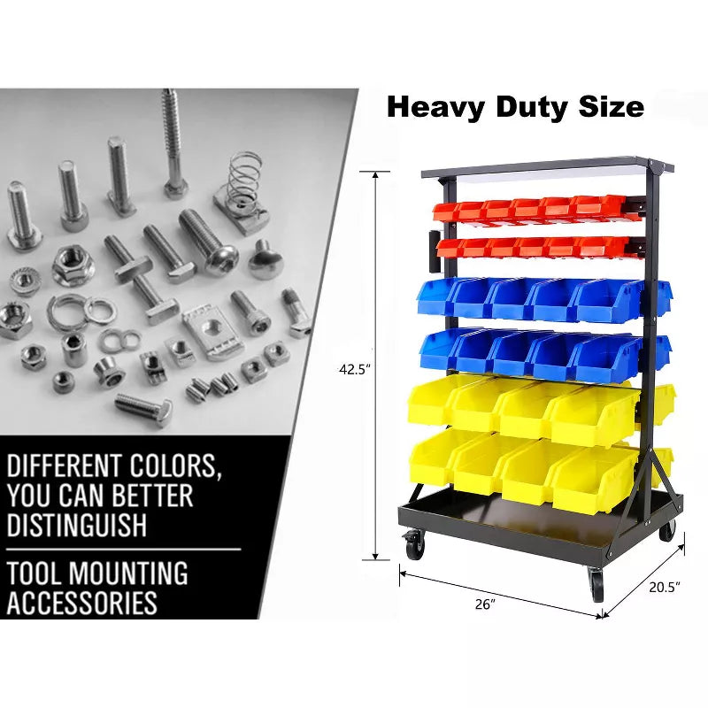Dolonm 60 Parts Bin Rack Garage Storage Unit 6 Tiers System Steel Shelf with Portable Wheels, Mobile Tool Organizer Plastic Bins (6 Tiers)
