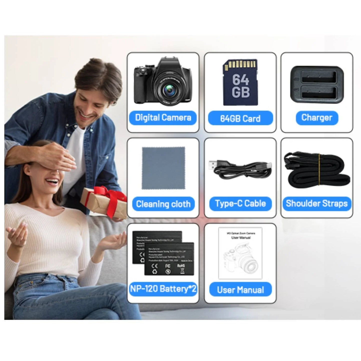 Campark 72MP Digital Camera with 12X Option Zoom Autofocus 4K/30FPS Video, WiFi, 64GB Card