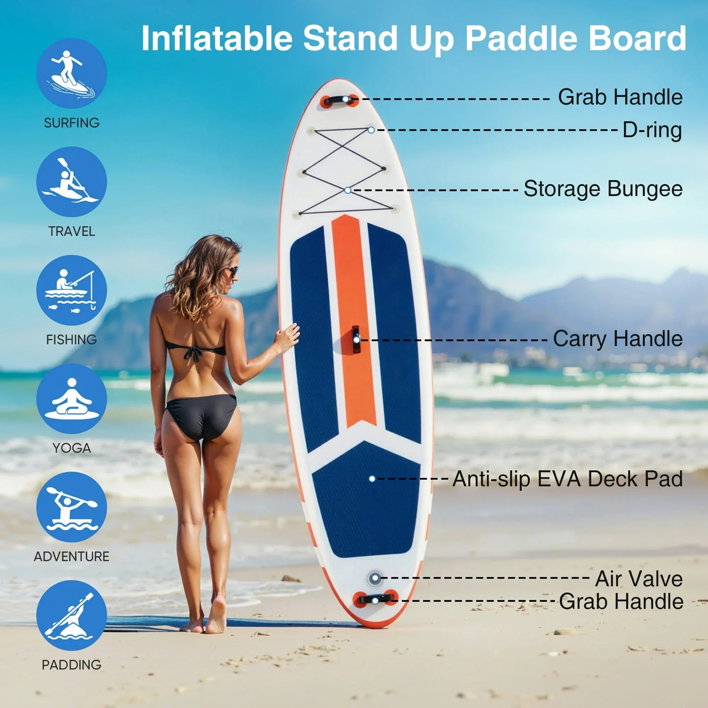 Edx Inflatable Stand Up Paddle Boards 10 ft 5 in with Premium SUP Paddle Board Accessories, Wide Stable Design, Non-Slip Comfort Deck for Youth & Adults,blue orange