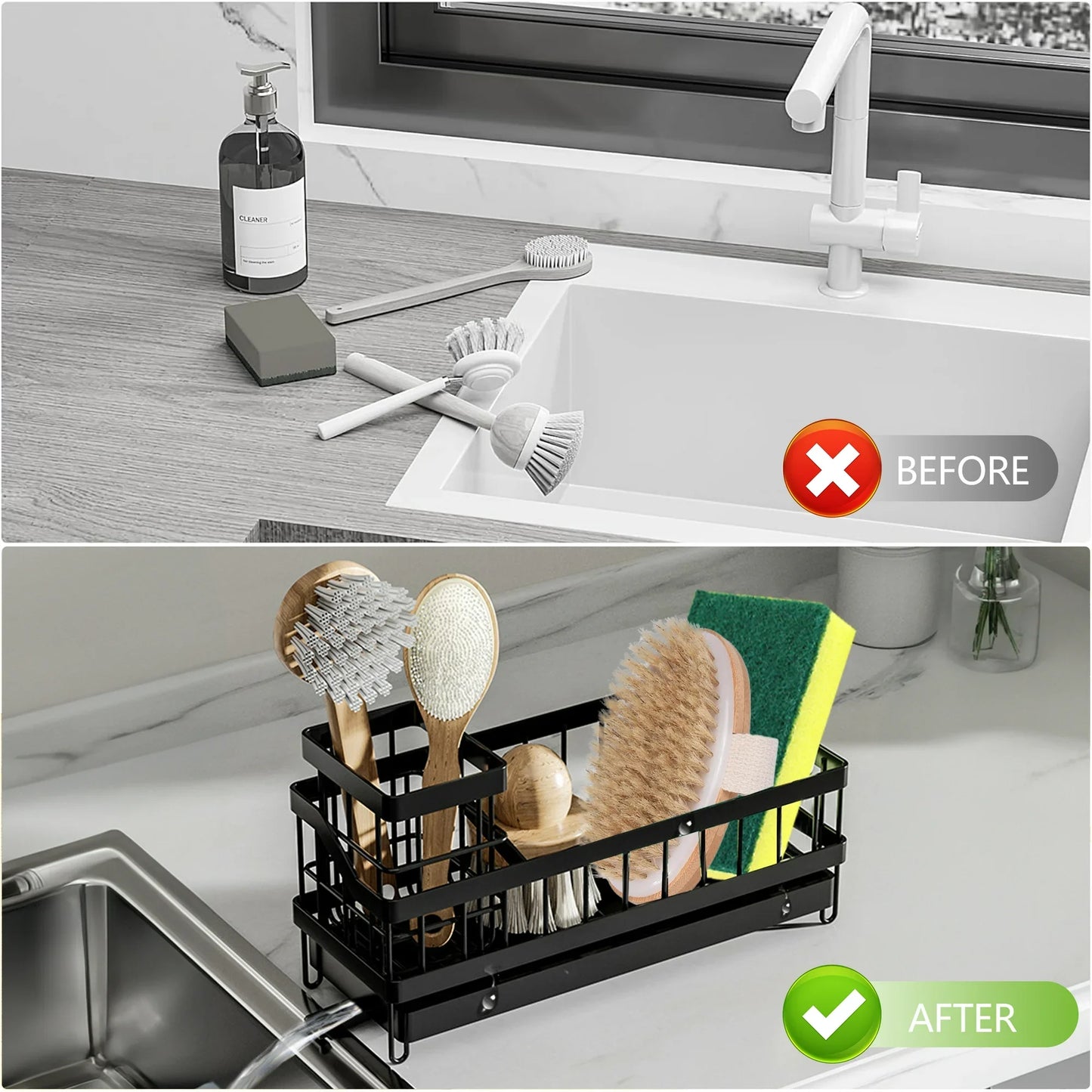 Aovky Sponge Holder for Kitchen Sink, Sink Caddy with High Brush Holder, 360°Self Drain Kitchen Sponge Caddy Organizer with Removable Dishcloth Rack for Countertop Storage Dish Soap Dispenser