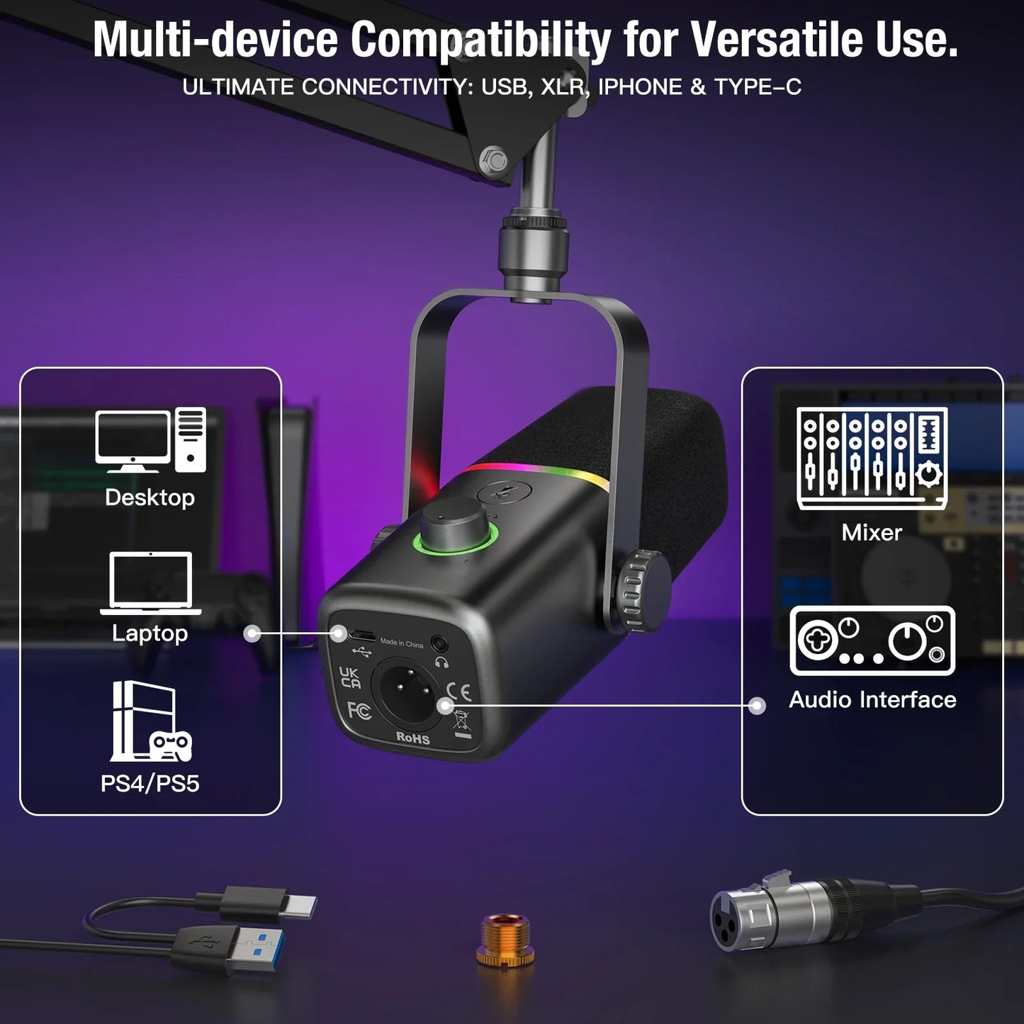 ZealSound XLR/USB Dynamic Microphone for Gaming Podcast,Mic for iPhone Phone PC Computer Gaming Streaming Microphone with RGB Light,Mute Button,Mic Gain,Headphones Jack,Boom Arm Stand,Singing YouTube