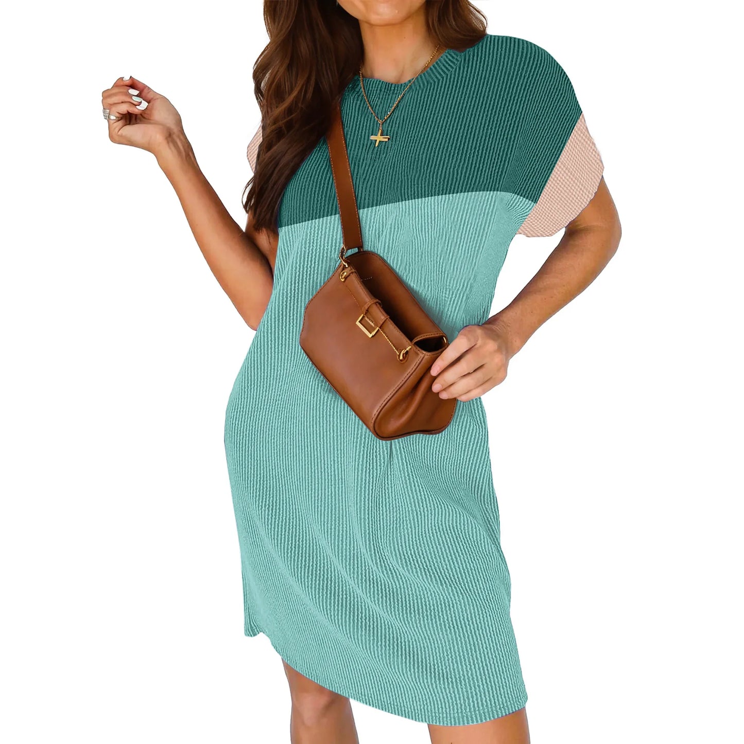 Fantaslook Summer Color Block Dresses for Women Crewneck Short Sleeve T shirts Dress Ribbed Dresses with Pockets