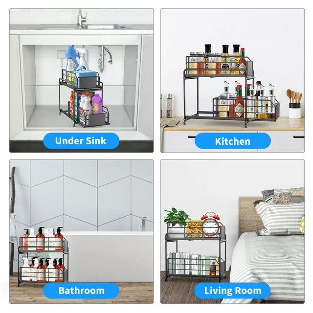 VAVSEA Metal Under Sink Organizers, 2 Tier Bathroom Cabinet Organizers, Slide Out Sink Shelf Cabinet with Sliding Drawers for Kitchen, Black, 14.17*12.6Inch