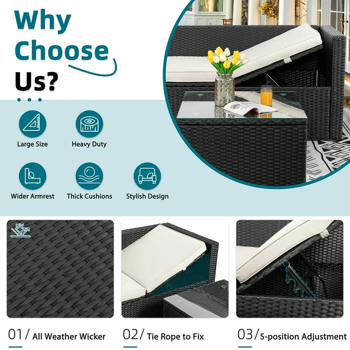 Carpet Outdoor Sectional Patio Furniture Sofa Set with Cushion & Glass Table,White