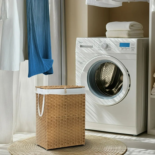 edx Laundry Basket with Lid, 90 L Hand-Woven PP Rattan Laundry Basket with Handle, Foldable, Removable Liner, Natural