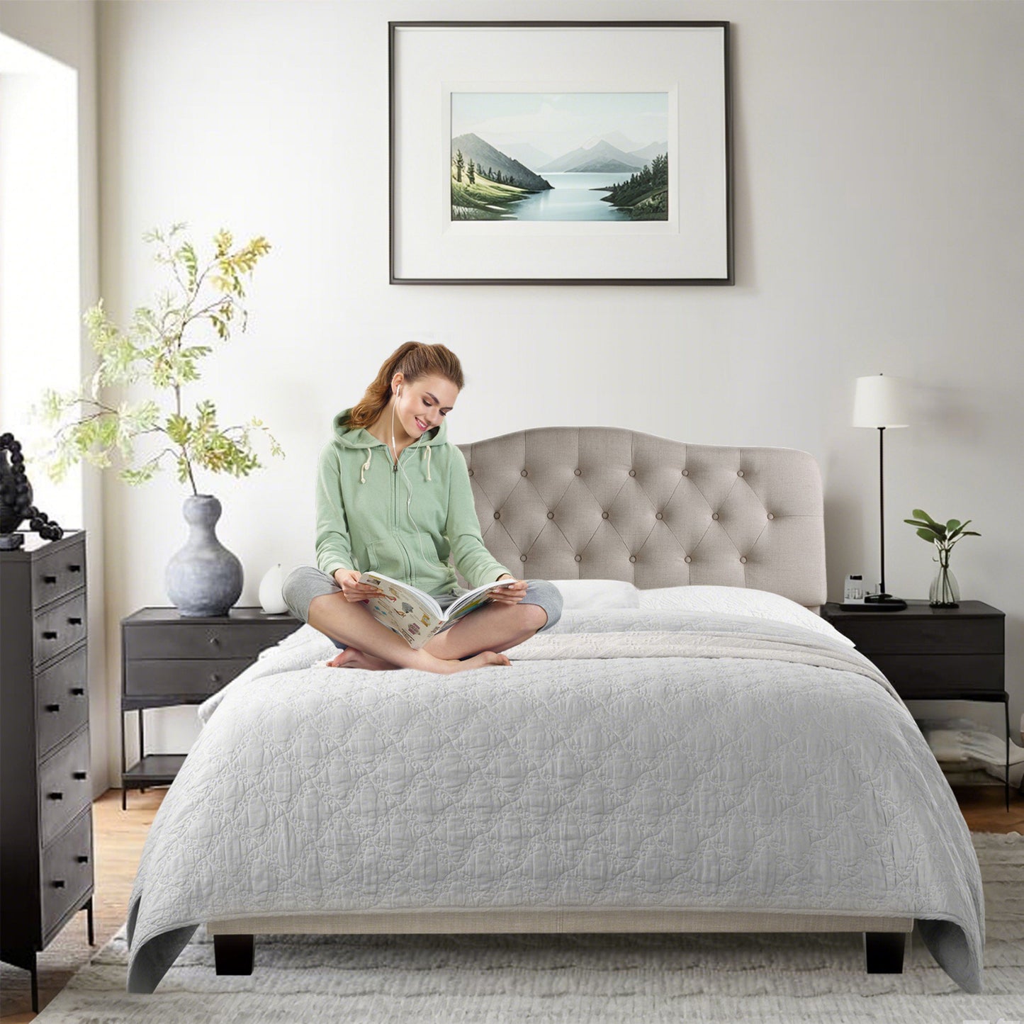 SENCHO GINSYTALIOR Adjustable Height Headboard with Linen Upholstery and Button Tufting for Bedroom, Queen, Classic Beige
