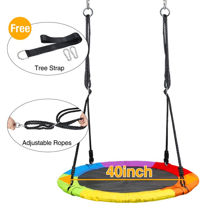 KloKick Saucer Tree Swing 700lb 40in for Kids Adults Waterproof Sets with 2pcs Tree Hanging Straps, Heavy Duty Steel Frame Adjustable Ropes, Rainbow