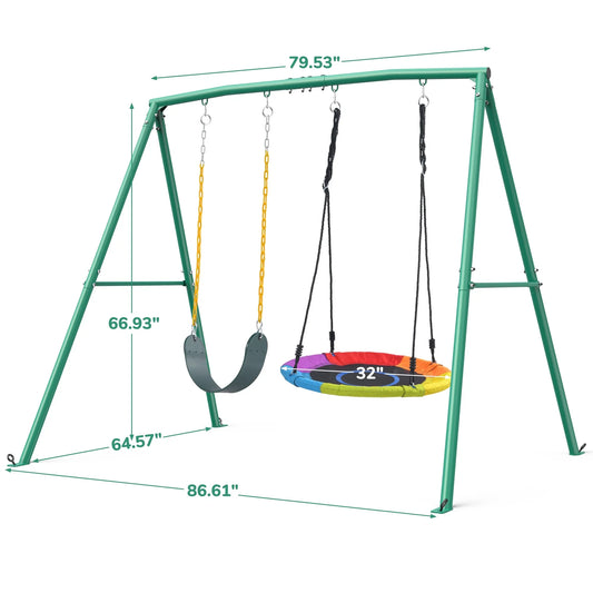 Trekassy Kids Swing Set with Saucer Swing Belt Seat, 440lbs Capacity Heavy Duty A Frame Metal Stand for Backyard, Outdoor Playground Safe Durable