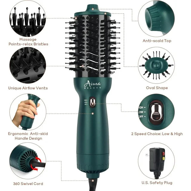 Aima Beauty Hair Dryer Brush Dual Voltage Worldwide Travel Blow Dryer Brush Hot Air Brush with Oval Barrel 360°Airflow for Smooth,Negative Ionic Frizz-Free Drying/Straightening/Voluming, Dark Green