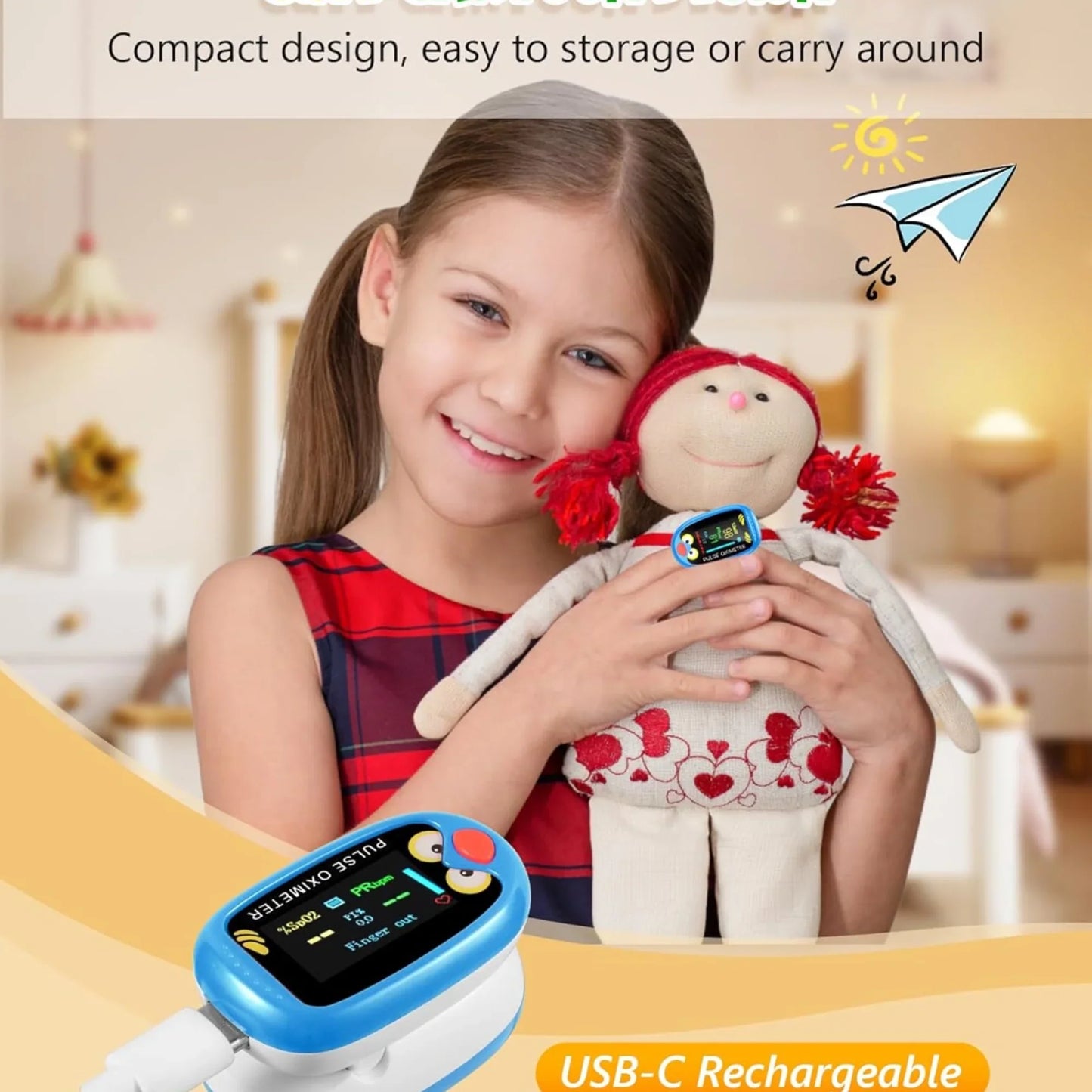Pulse Oximeter, Rechargeable Oximeter for Kids Children, Blood Oxygen Saturation, Pulse Rate Monitor, Cute Cartoon Design, USB C Charging,Blue
