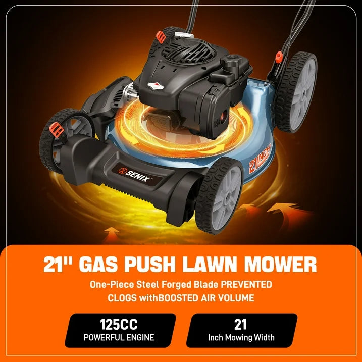 SENI 21 Gas Lawn Mower, 125cc 4 Cycle USA Briggs Stratton E450 Engine, 2 in 1 Push Mower with 6 Height Adjustments and 11 Rear Wheels