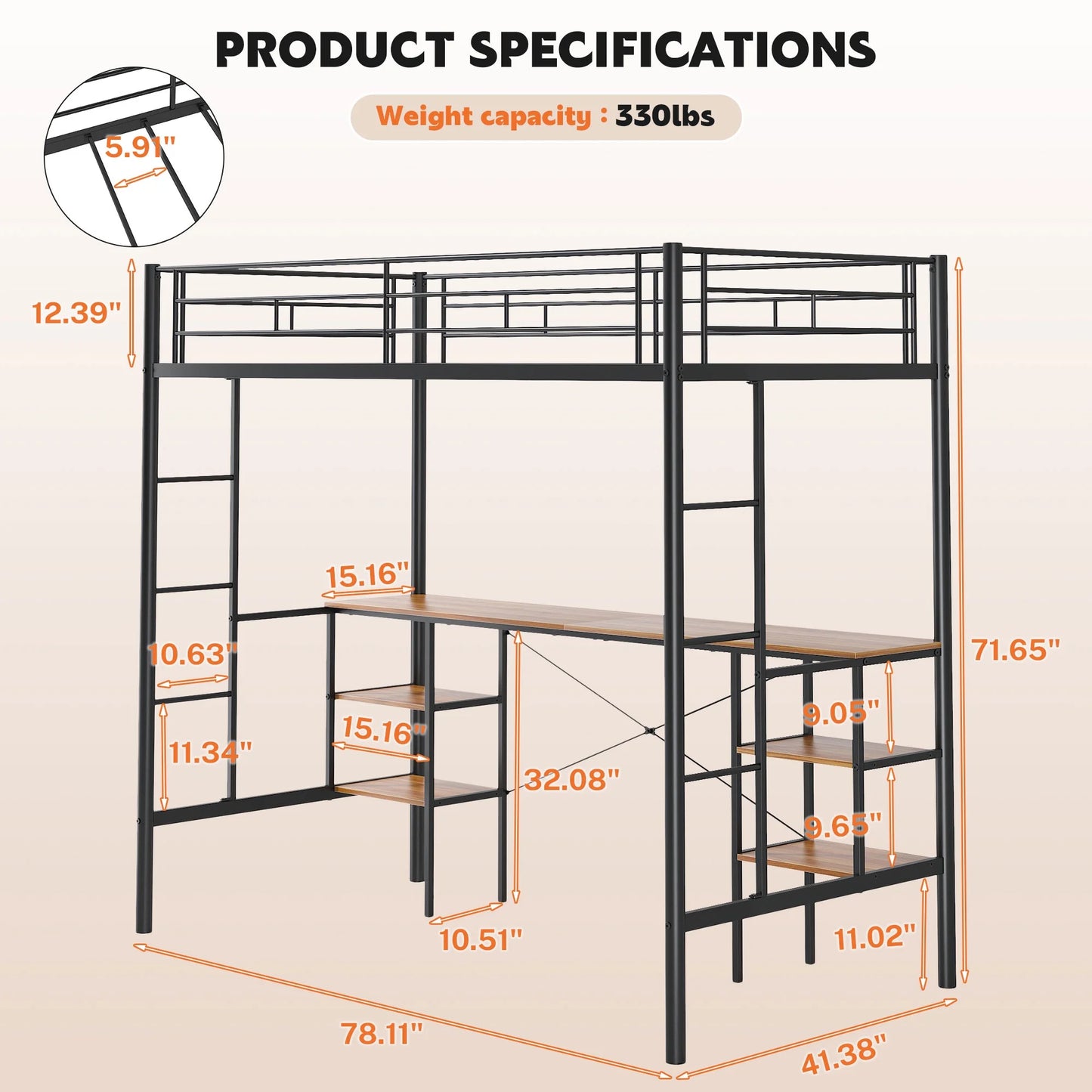 UHOMEPRO Twin Loft Bed with Desk, Metal Frame, 4 Storage Shelves, Ladders and Safety Rails, Black