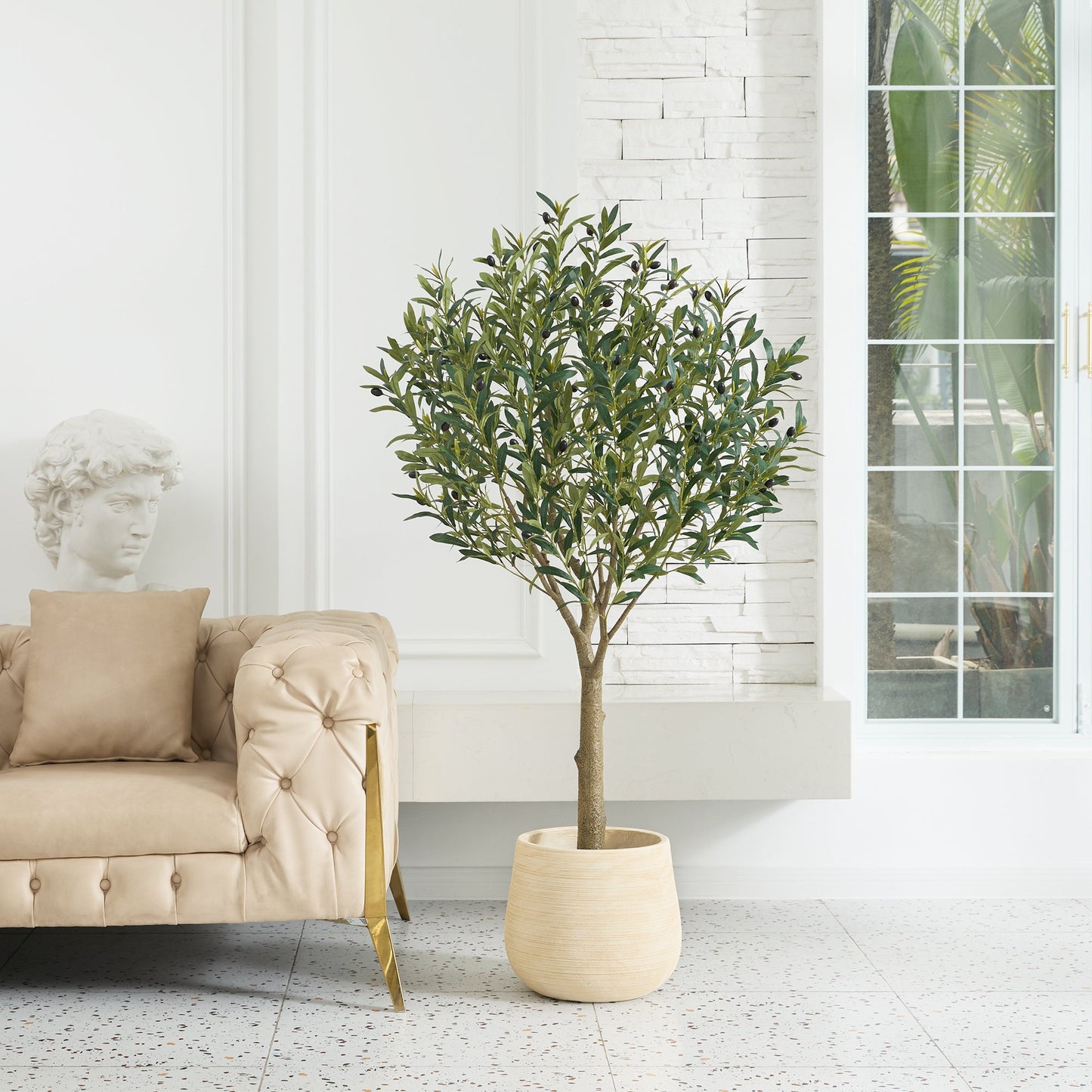 DR.Planzen UV Resistant Artificial Olive Tree 5ft - Faux Olive Plant for Indoor Outdoor Decor - Adjustable Branches - Realistic Olive Tree with Black Plastic Pot