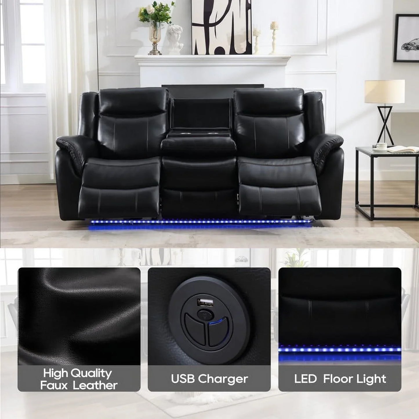 3-Seat Power Recliner Chair Sofa Set for Living Room,Black Faux Leather Electric Home Theater Seating Reclining Sofa Couch with Flipped Middle Backrest,LED Light,USB Port,Cup Holder,Wireless Charger