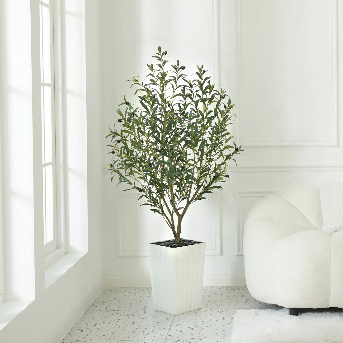 DR.Planzen 6ft Artificial Olive Tree with White Tall Planter, Realistic Silk Leaves UV Resistant Faux Indoor Outdoor Plant for Home Office House Decor