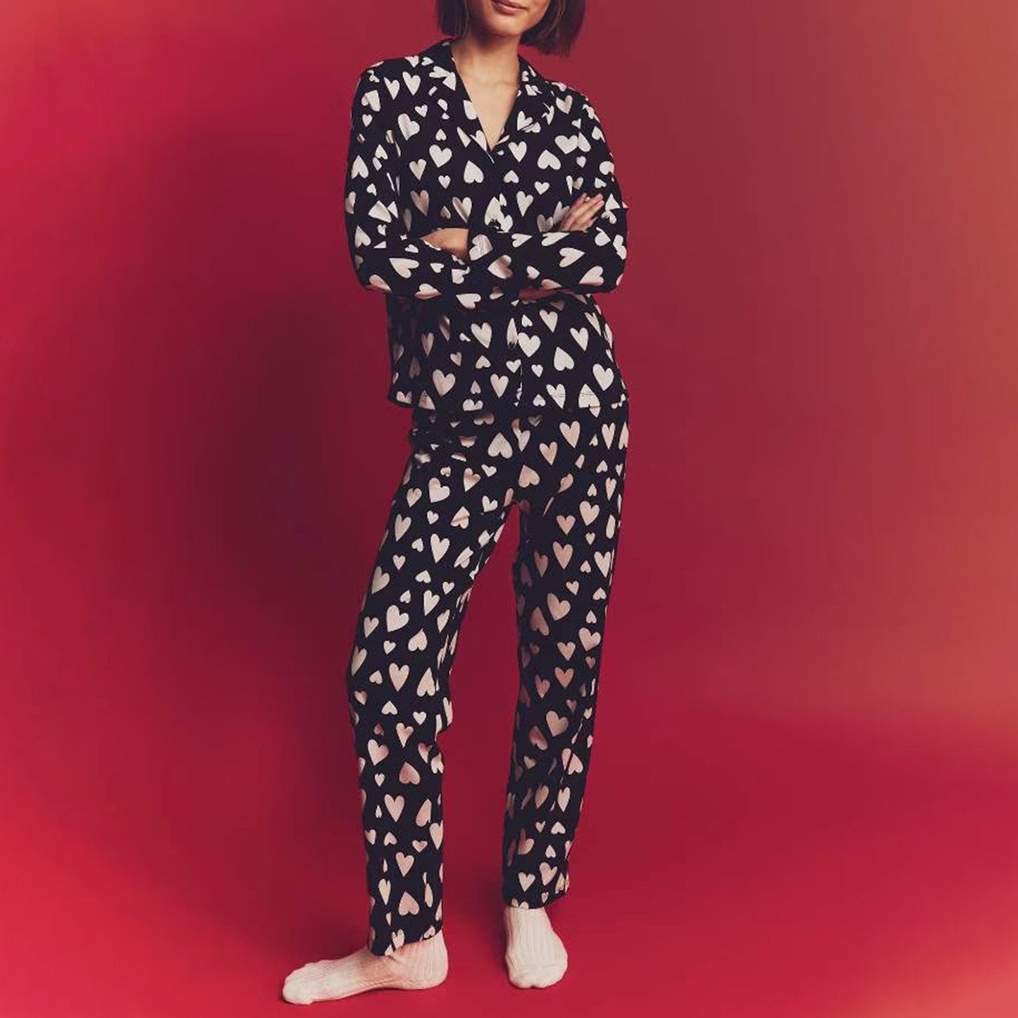 Valentine's Day Pajamas Set Women's Long Sleeve Tops Sleepwear Soft Satin Silk Loungewear Comfy Pjs Shorts Pyjama Set Homewear